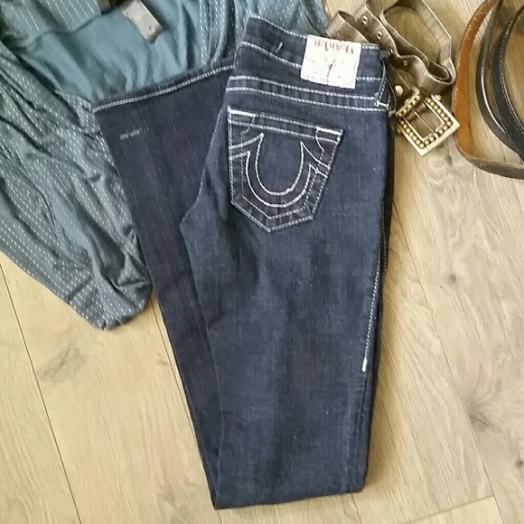 True Religion Denim - Straight Leg Dark Wash Stretch Contrast Stitching Sz 25 - 26